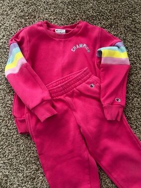 Champion Girls Bright Pink Sweatshirt & Jogger Set with Pastel Stripe Sleeves